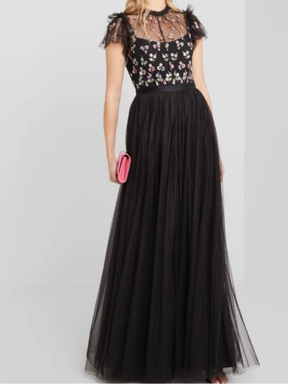 Needle & Thread Black Tulle Maxi Dress with Floral Embroidery